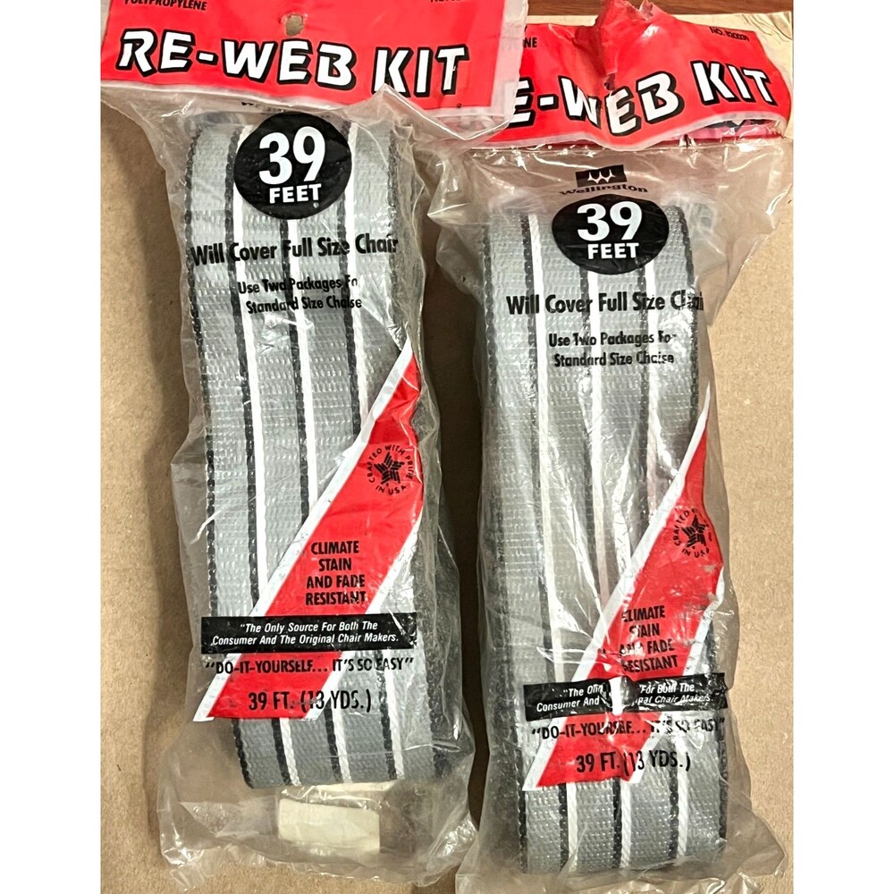 NOS Vtg Wellington Re-Web Patio Chair Kit Grey White Stripe 2 Pack 39ft ea USA